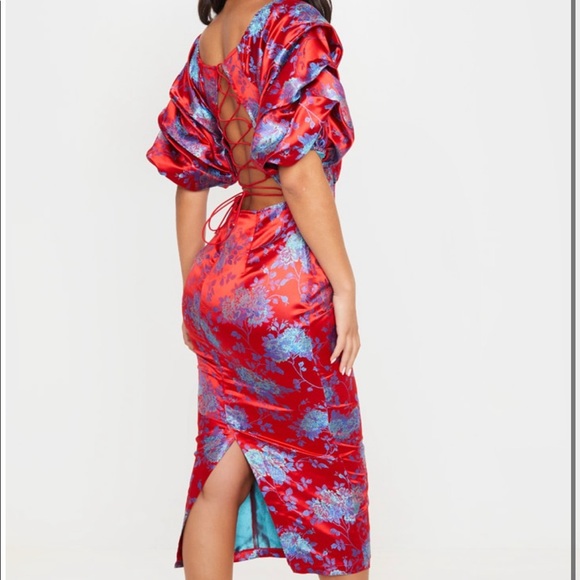 red floral jacquard lace up back midi dress Red Floral Jacquard Mini Dress - All Dresses main image 1